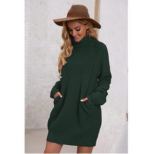 Sweater Dress with Side Pockets Turtleneck Long Sleeve Oversize Knit Sweater M